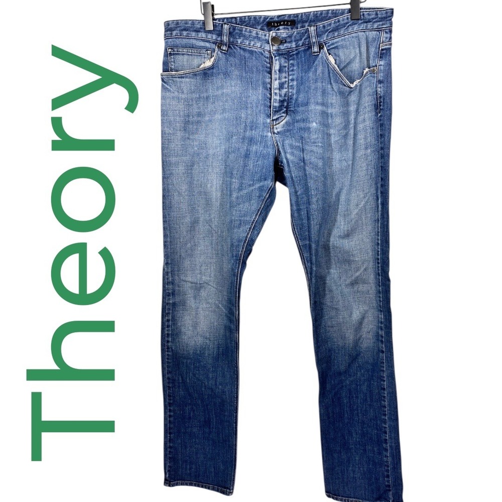 THEORY Raffi P Rumney Mens Straight Leg Blue Wash Denim Jeans Button Fly Size 34